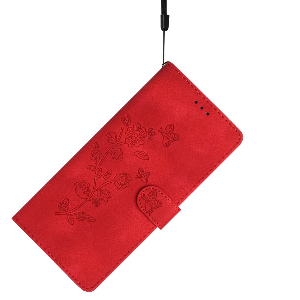 Leather Cellphone Cover for Samsung Galaxy M32 (Global Version) 4G Imprinted Flower Wallet Stand Phone Case - Red