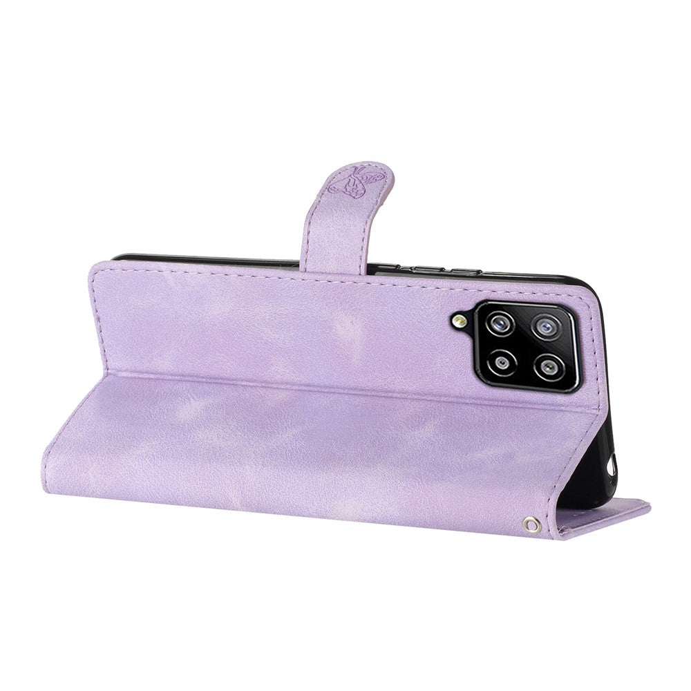Leather Cellphone Cover for Samsung Galaxy M32 (Global Version) 4G Imprinted Flower Wallet Stand Phone Case - Purple