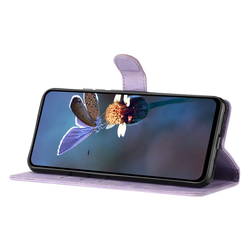 Leather Cellphone Cover for Samsung Galaxy M32 (Global Version) 4G Imprinted Flower Wallet Stand Phone Case - Purple