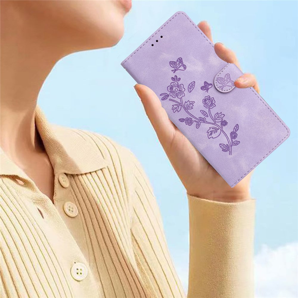 Leather Cellphone Cover for Samsung Galaxy M32 (Global Version) 4G Imprinted Flower Wallet Stand Phone Case - Purple