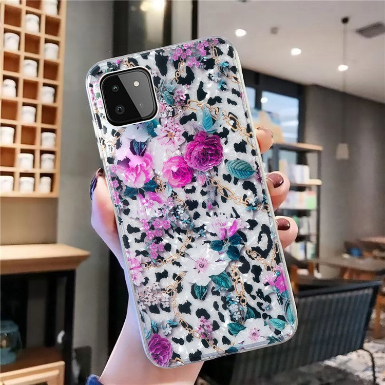 For Samsung Galaxy A22 5G (EU Version) Phone Cover Marble Flower Shell Pattern IMD Phone TPU Case - Leopard and Flower