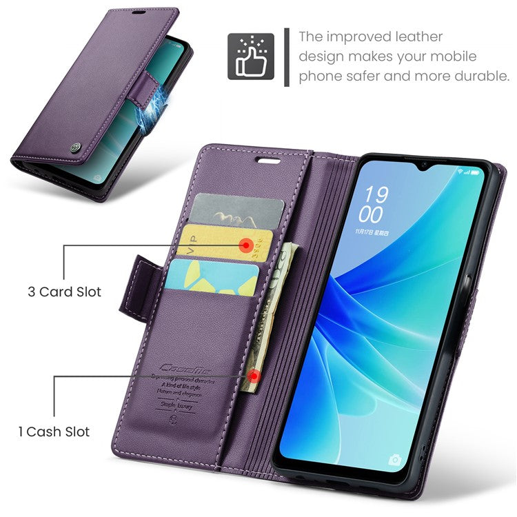 CASEME 023 Series for Oppo A57 4G / A57s 4G / A57e 4G / A77 4G / A77s 4G / OnePlus Nord N20 SE 4G RFID Blocking Leather Case - Purple