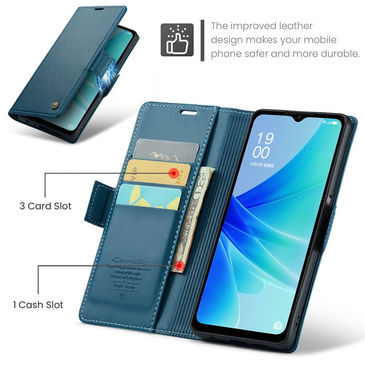 CASEME 023 Series for Oppo A57 4G / A57s 4G / A57e 4G / A77 4G / A77s 4G / OnePlus Nord N20 SE 4G RFID Blocking Leather Case - Blue