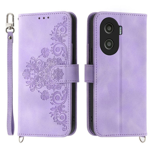 Anti-Drop PU Leather Case for Honor X40i 5G Imprinted Flower Skin-Touch Wallet Phone Cover with Strap - Light Purple