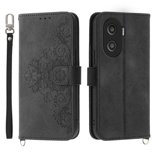 Anti-Drop PU Leather Case for Honor X40i 5G Imprinted Flower Skin-Touch Wallet Phone Cover with Strap - Black