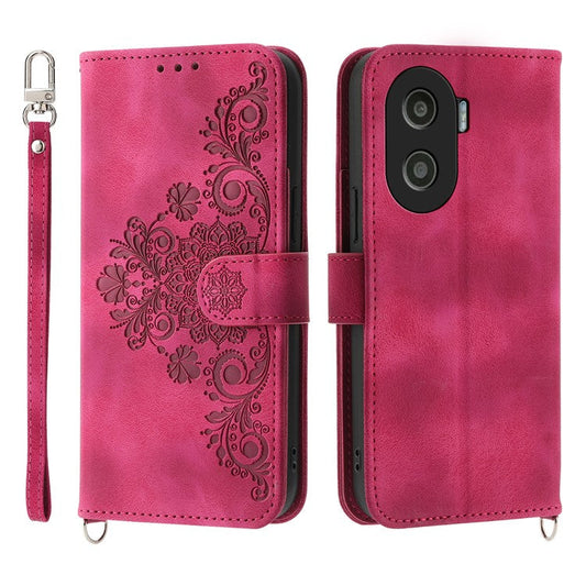 Anti-Drop PU Leather Case for Honor X40i 5G Imprinted Flower Skin-Touch Wallet Phone Cover with Strap - Wine Red
