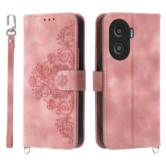 Anti-Drop PU Leather Case for Honor X40i 5G Imprinted Flower Skin-Touch Wallet Phone Cover with Strap - Pink