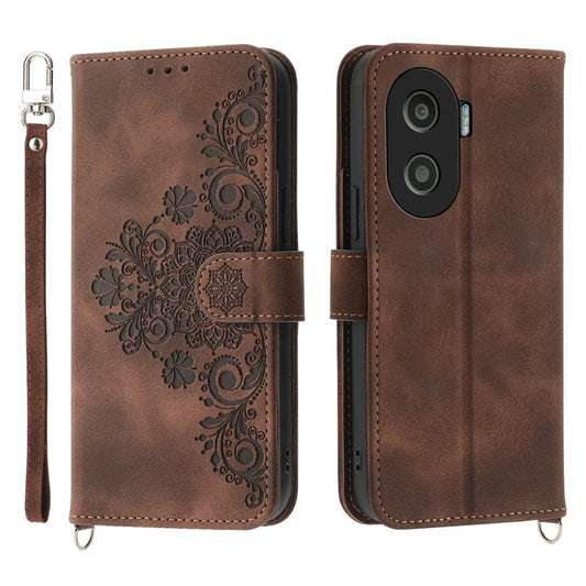 Anti-Drop PU Leather Case for Honor X40i 5G Imprinted Flower Skin-Touch Wallet Phone Cover with Strap - Brown