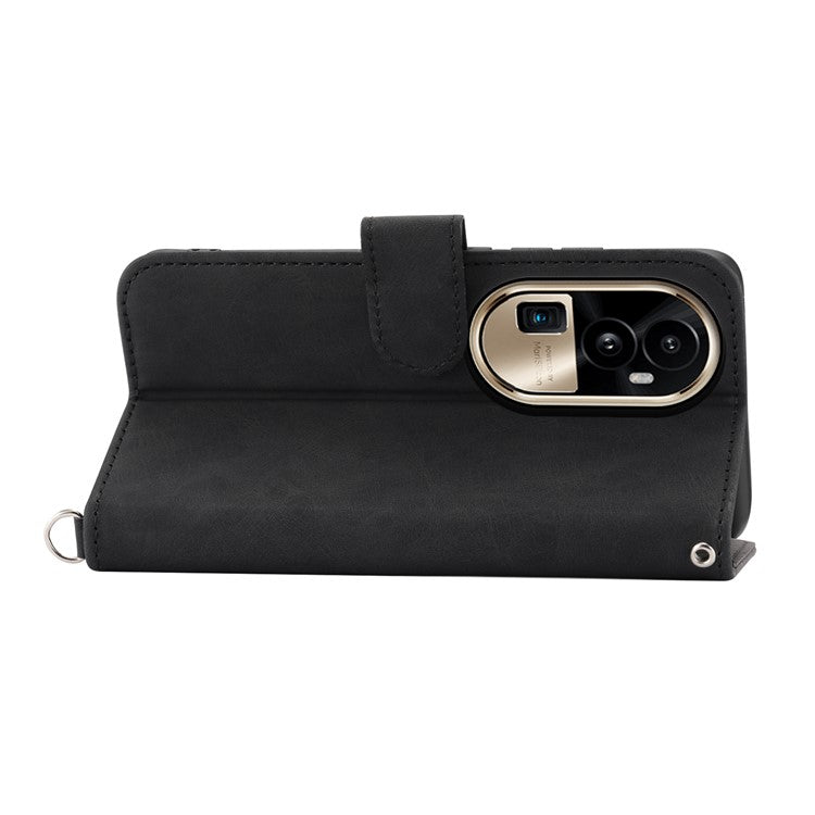 Skin-Touch Phone Case for Oppo Reno10 Pro+ 5G Flower Imprinted Leather Wallet Cover with Strap - Black