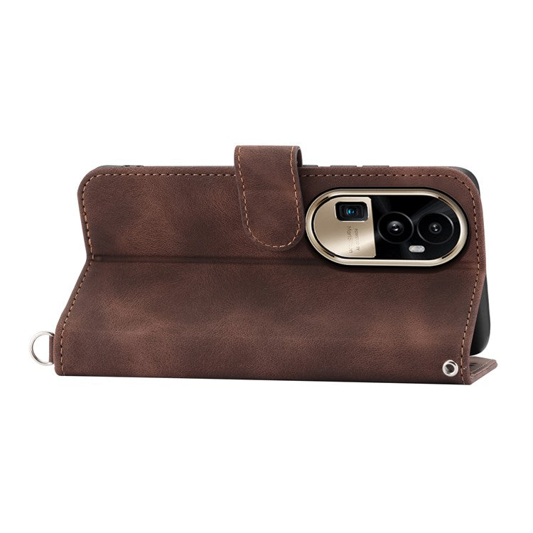 Skin-Touch Phone Case for Oppo Reno10 Pro+ 5G Flower Imprinted Leather Wallet Cover with Strap - Brown