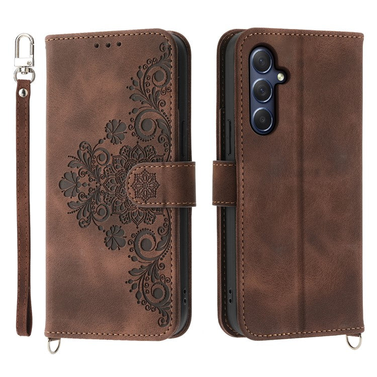 For Samsung Galaxy M54 5G / F54 5G Wallet Phone Case Flower Imprinted Skin-Touch Leather Cover with Strap - Brown