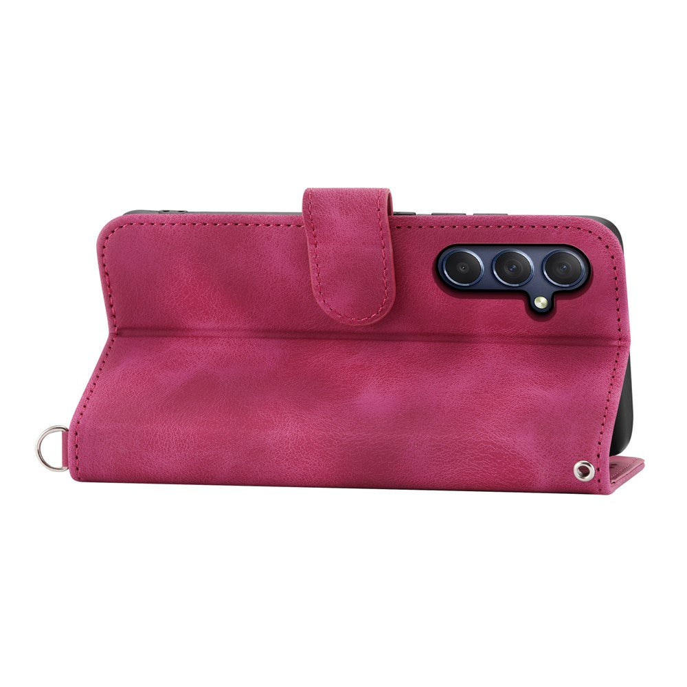 For Samsung Galaxy M54 5G / F54 5G Wallet Phone Case Flower Imprinted Skin-Touch Leather Cover with Strap - Wine Red