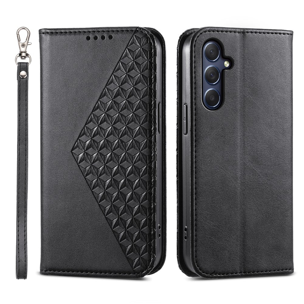 Phone Leather Case for Samsung Galaxy M54 5G / F54 5G , Imprinted Rhombus Pattern Wallet Stand Cover - Black