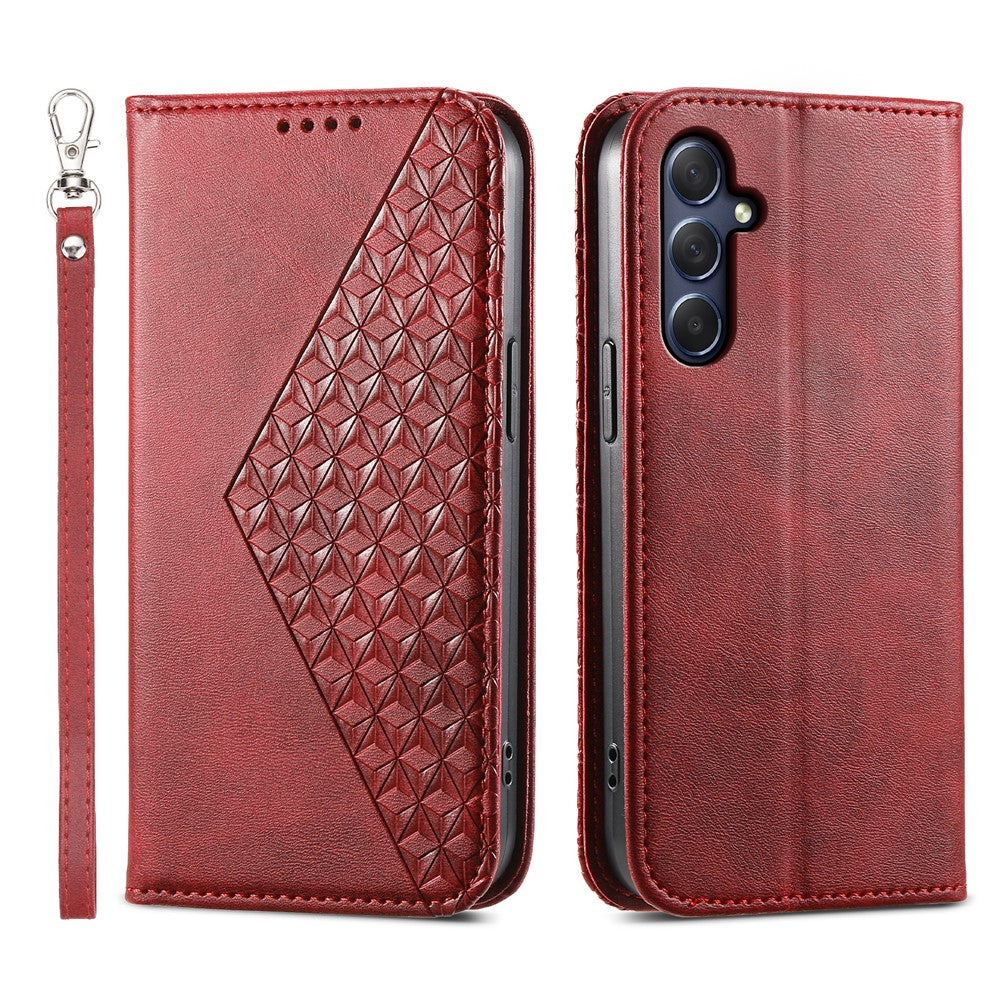 Phone Leather Case for Samsung Galaxy M54 5G / F54 5G , Imprinted Rhombus Pattern Wallet Stand Cover - Red