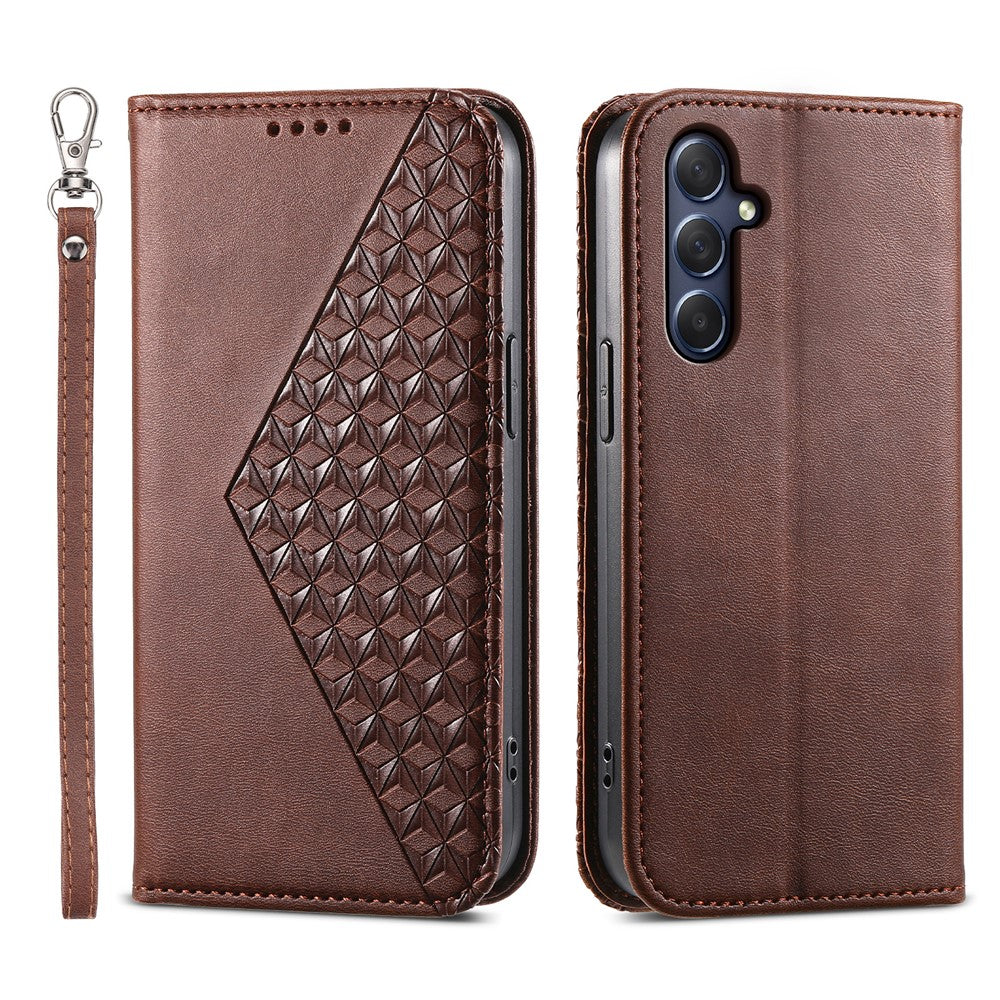 Phone Leather Case for Samsung Galaxy M54 5G / F54 5G , Imprinted Rhombus Pattern Wallet Stand Cover - Brown