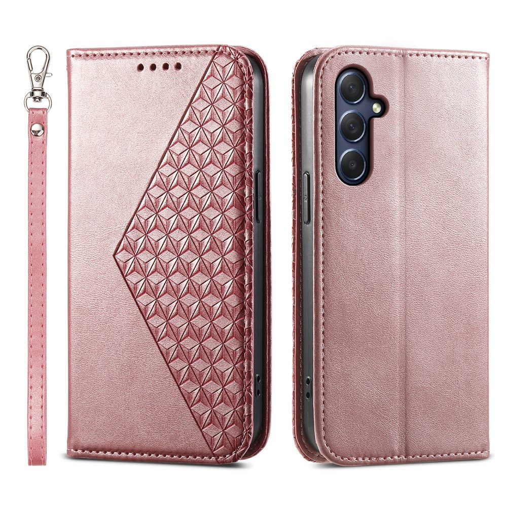 Phone Leather Case for Samsung Galaxy M54 5G / F54 5G , Imprinted Rhombus Pattern Wallet Stand Cover - Rose Gold