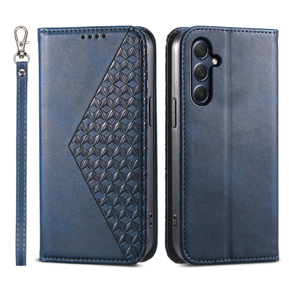 Phone Leather Case for Samsung Galaxy M54 5G / F54 5G , Imprinted Rhombus Pattern Wallet Stand Cover - Blue