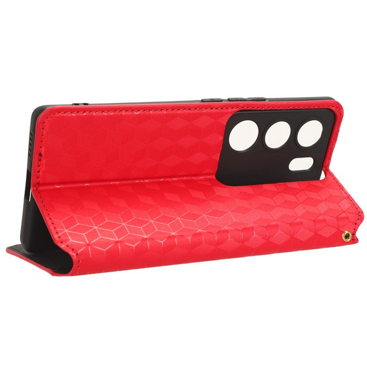 For vivo V29 5G / S17 5G / S17 Pro 5G / S17t 5G Rhombus Imprinted Shell PU Leather Stand Case Shockproof Phone Cover - Red