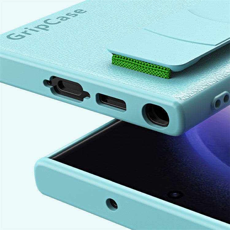 For Samsung Galaxy S22 Ultra 5G Litchi Texture PU Leather Coated PC+TPU Shockproof Case Phone Cover with Wristband - Blue