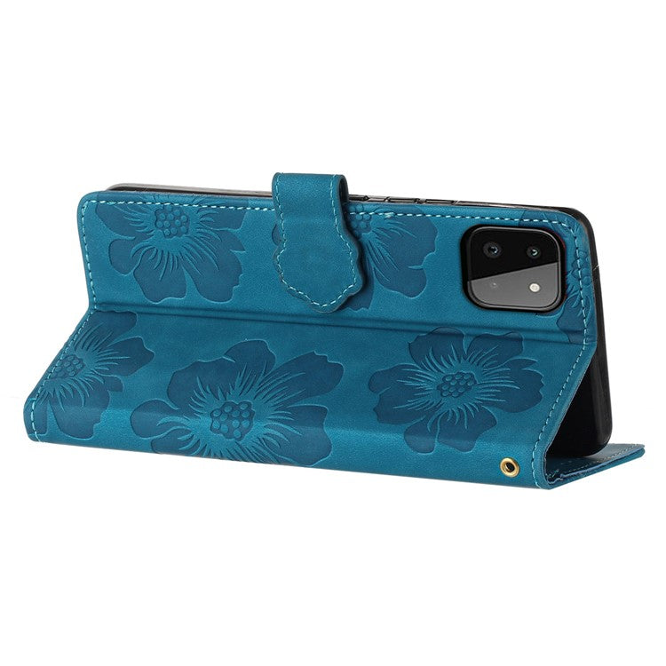 For Samsung Galaxy A22 5G (EU Version) PU Leather Full Protection Shell Flowers Imprint Stand Wallet Phone Case - Blue