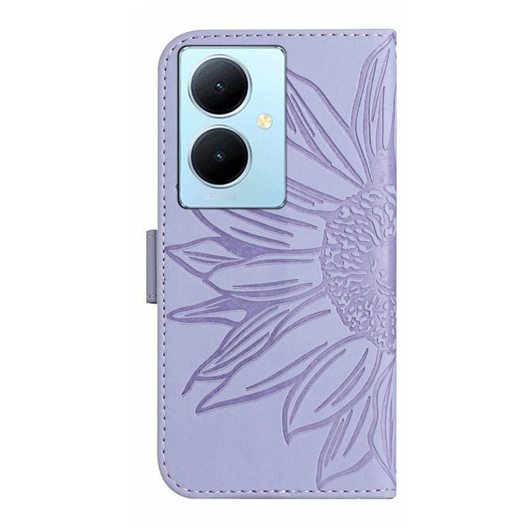 HT04 Phone Case for vivo Y78+ 5G , Leather Wallet Sunflower Pattern Stand Cover with Hand Strap - Light Purple