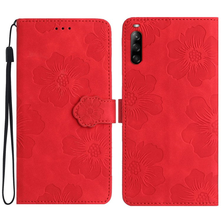 Phone Case for Sony Xperia L4 Flowers Imprinted Stand PU Leather Wallet Cover - Red