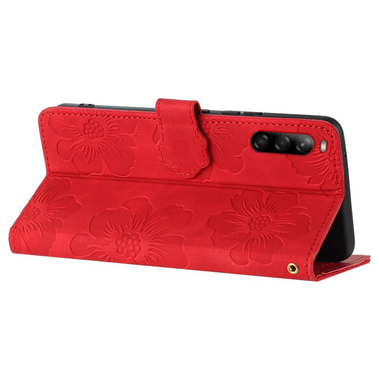 Phone Case for Sony Xperia L4 Flowers Imprinted Stand PU Leather Wallet Cover - Red