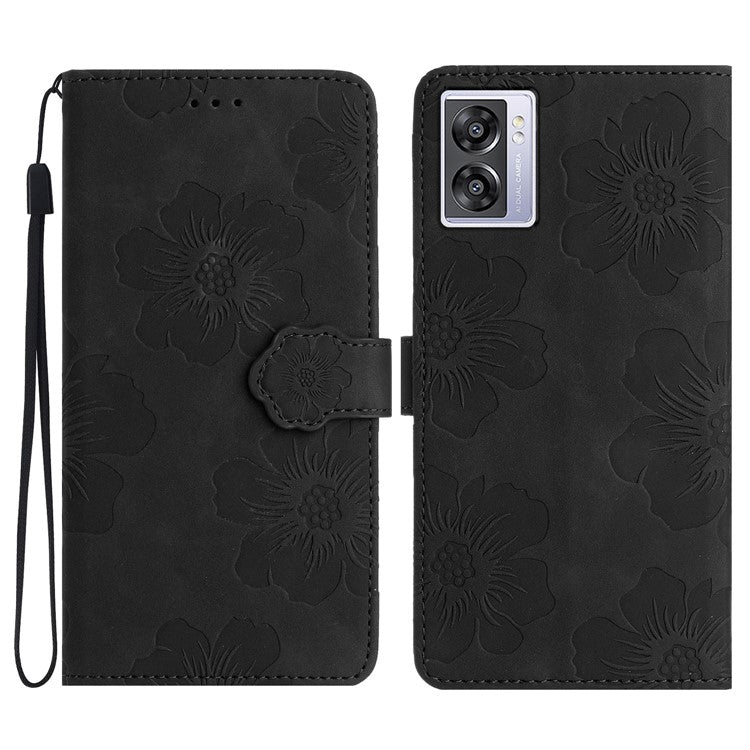 PU Leather Wallet Case for Oppo A57 (2022) 5G / A77 5G , Stand Flowers Imprinted Phone Cover - Black
