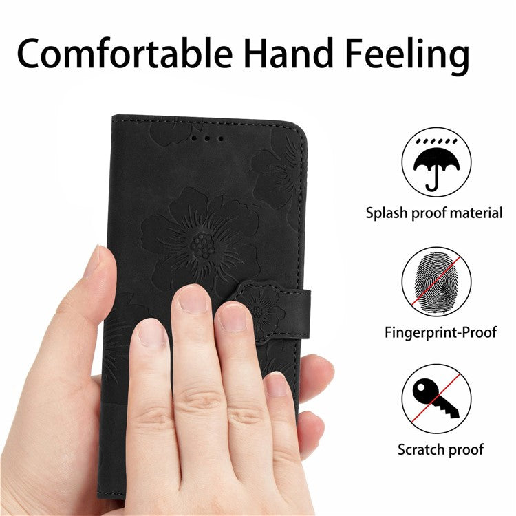 PU Leather Wallet Case for Oppo A57 (2022) 5G / A77 5G , Stand Flowers Imprinted Phone Cover - Black