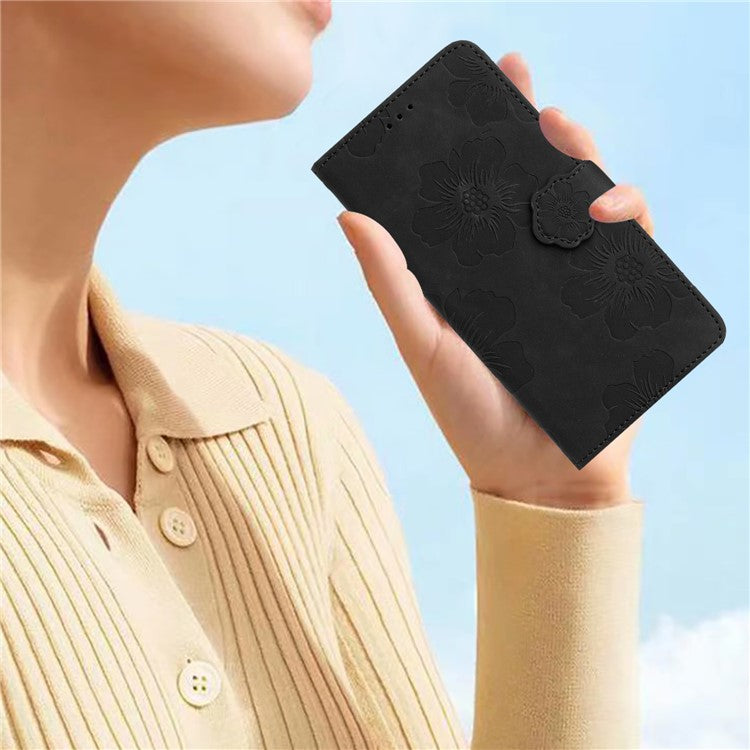 PU Leather Wallet Case for Oppo A57 (2022) 5G / A77 5G , Stand Flowers Imprinted Phone Cover - Black