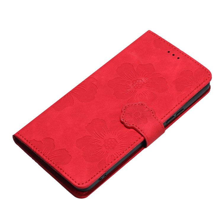 PU Leather Wallet Case for Oppo A57 (2022) 5G / A77 5G , Stand Flowers Imprinted Phone Cover - Red