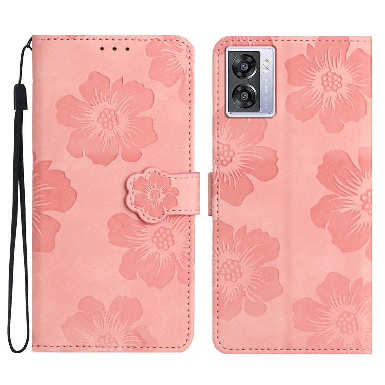PU Leather Wallet Case for Oppo A57 (2022) 5G / A77 5G , Stand Flowers Imprinted Phone Cover - Pink