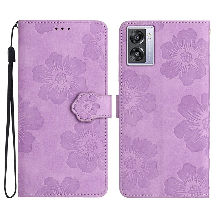 PU Leather Wallet Case for Oppo A57 (2022) 5G / A77 5G , Stand Flowers Imprinted Phone Cover - Purple