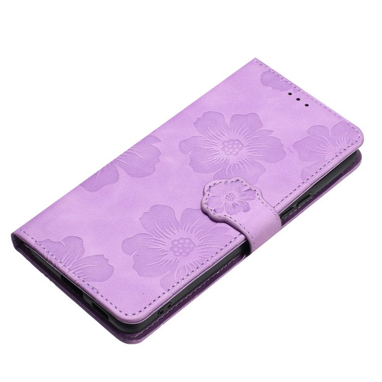 PU Leather Wallet Case for Oppo A57 (2022) 5G / A77 5G , Stand Flowers Imprinted Phone Cover - Purple