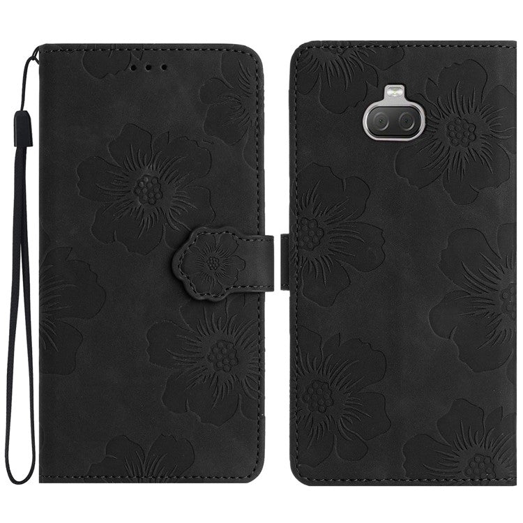 For Sony Xperia 10 Protective Cover PU Leather Wallet Flowers Imprinted Stand Phone Case - Black
