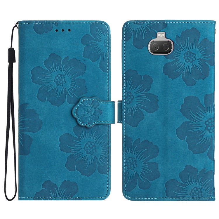 For Sony Xperia 10 Protective Cover PU Leather Wallet Flowers Imprinted Stand Phone Case - Blue