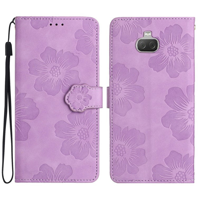 For Sony Xperia 10 Protective Cover PU Leather Wallet Flowers Imprinted Stand Phone Case - Purple