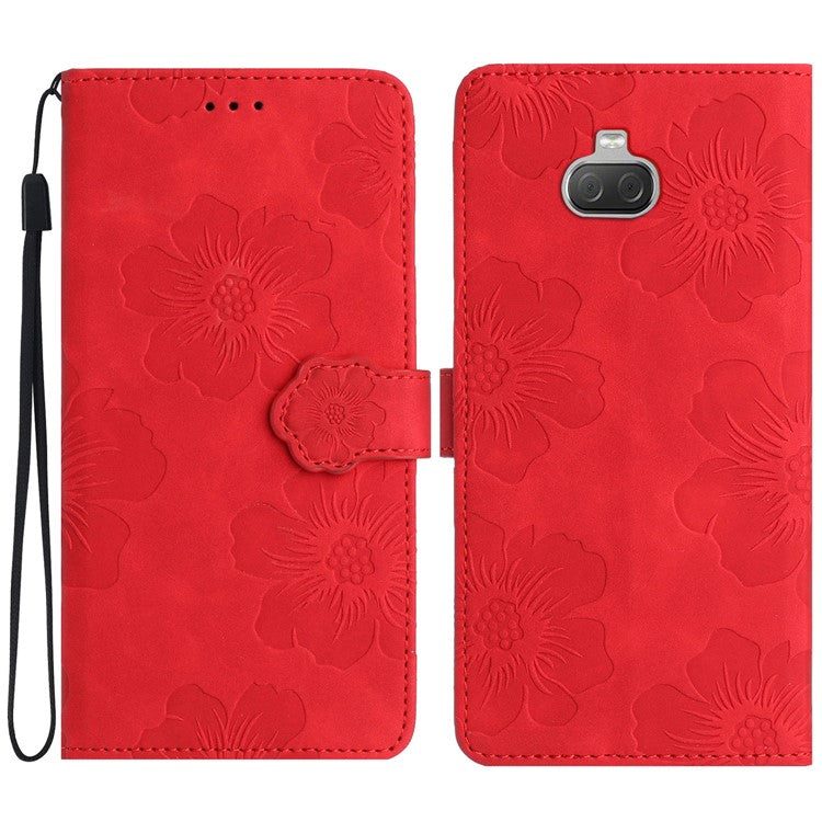 For Sony Xperia 10 Protective Cover PU Leather Wallet Flowers Imprinted Stand Phone Case - Red