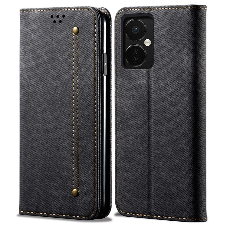 PU Leather Case for OnePlus Nord CE3 5G Stand Wallet Jeans Cloth Texture Phone Cover - Black