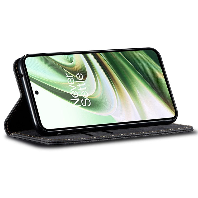 PU Leather Case for OnePlus Nord CE3 5G Stand Wallet Jeans Cloth Texture Phone Cover - Black
