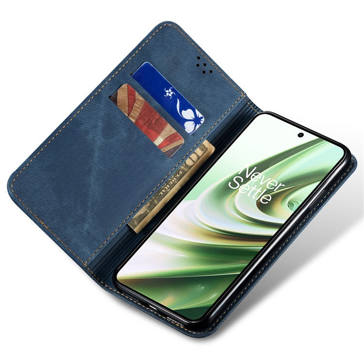 PU Leather Case for OnePlus Nord CE3 5G Stand Wallet Jeans Cloth Texture Phone Cover - Blue