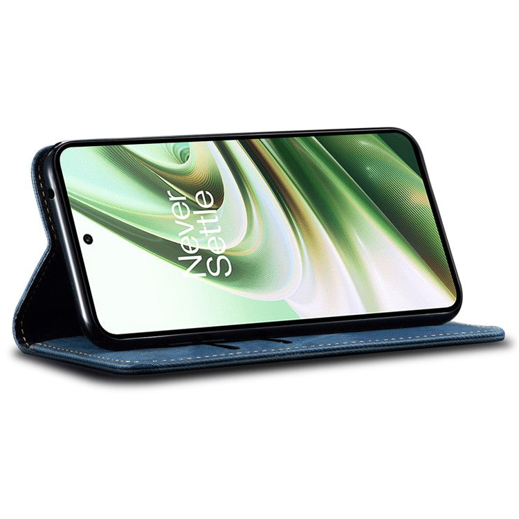 PU Leather Case for OnePlus Nord CE3 5G Stand Wallet Jeans Cloth Texture Phone Cover - Blue