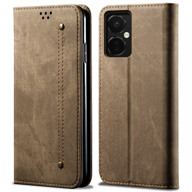 PU Leather Case for OnePlus Nord CE3 5G Stand Wallet Jeans Cloth Texture Phone Cover - Khaki