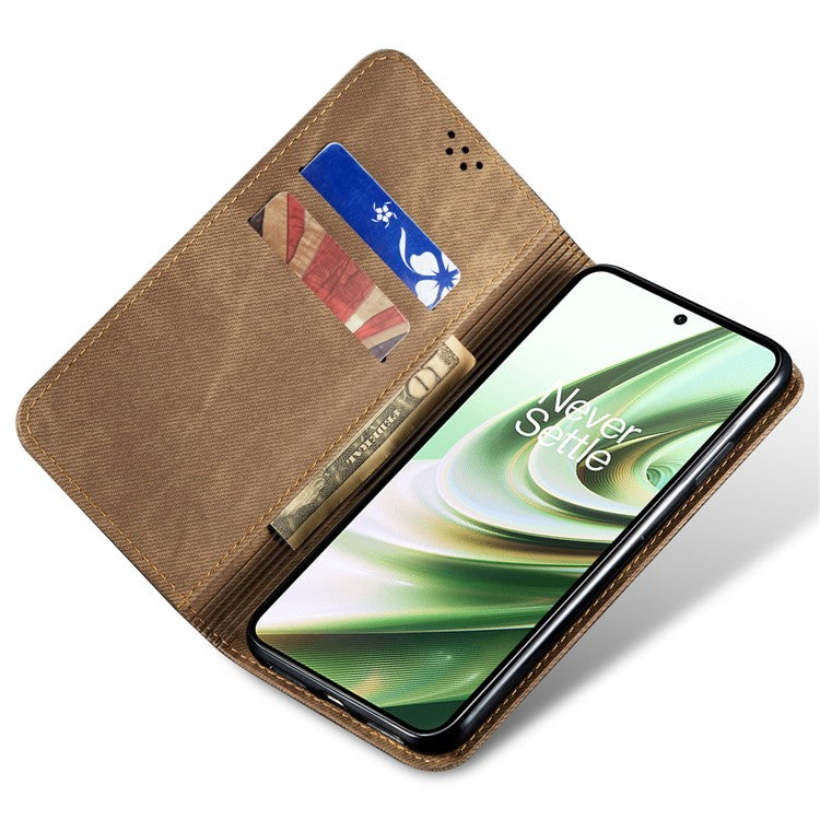 PU Leather Case for OnePlus Nord CE3 5G Stand Wallet Jeans Cloth Texture Phone Cover - Khaki