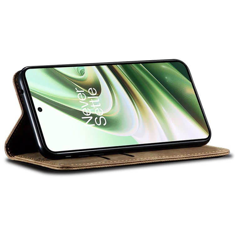 PU Leather Case for OnePlus Nord CE3 5G Stand Wallet Jeans Cloth Texture Phone Cover - Khaki