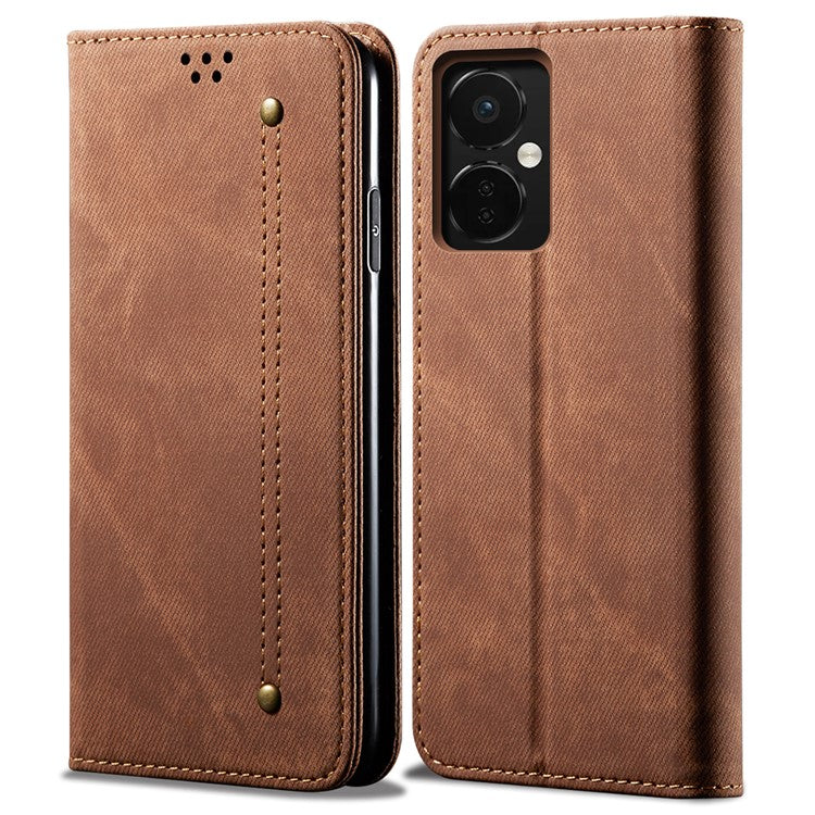 PU Leather Case for OnePlus Nord CE3 5G Stand Wallet Jeans Cloth Texture Phone Cover - Coffee
