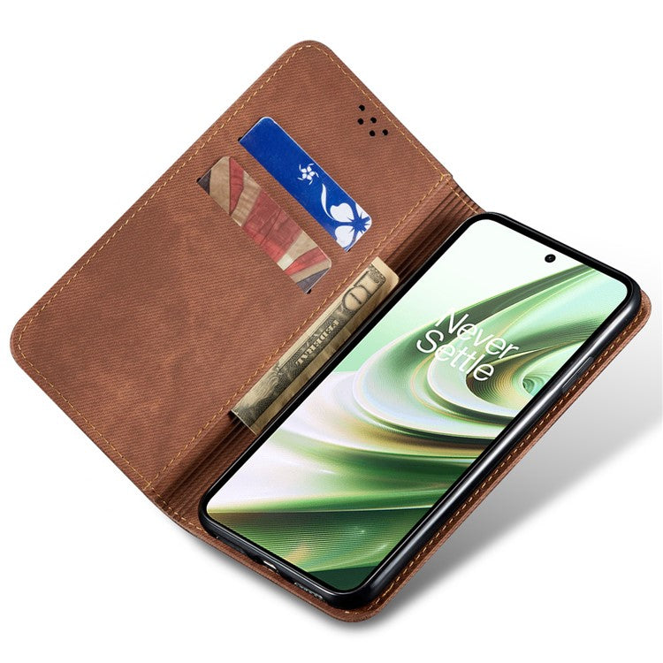 PU Leather Case for OnePlus Nord CE3 5G Stand Wallet Jeans Cloth Texture Phone Cover - Coffee