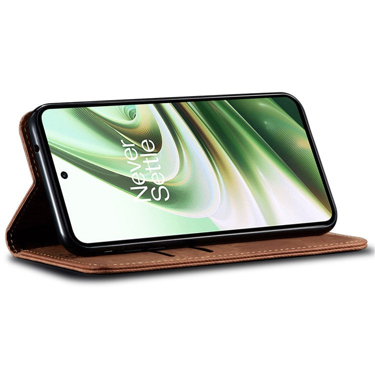 PU Leather Case for OnePlus Nord CE3 5G Stand Wallet Jeans Cloth Texture Phone Cover - Coffee