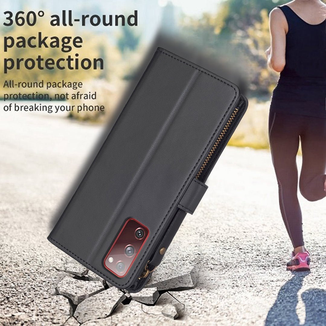 BF Style-19 for Samsung Galaxy S20 FE 5G / S20 FE / S20 FE 2022 / S20 Lite PU Leather Cover Wallet Stand Zippered Phone Case - Black