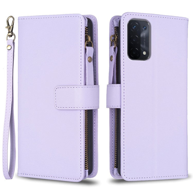 BF Style-19 for Oppo A74 / A93 / A54 5G Zipper Pocket PU Leather Phone Case Wallet Stand Cover - Purple